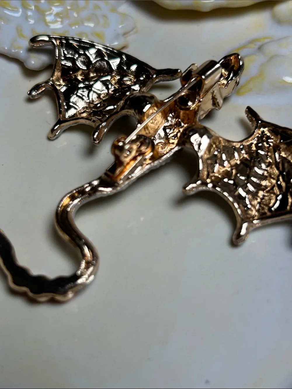 Silver Dragon Brooch with Red Crystal Accents